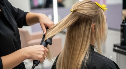 Naklejka premium Hairdresser expertly straightens long blonde hair of female client in a professional salon for a polished hairstyle