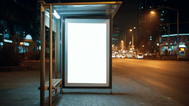 A vacant bus stop during nighttime with illuminated lights and traffic in the distance.
