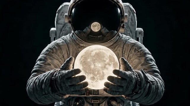 Space traveler lifts luminous moon with expressive gesture in wide shot