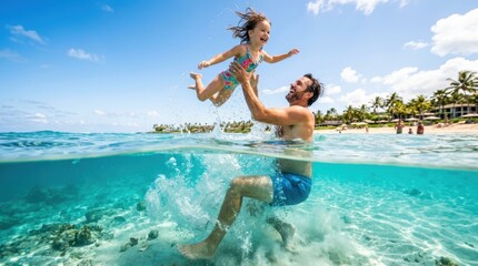 Obraz premium Father joyfully throws his daughter in the air while playing in the clear ocean water