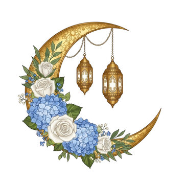 Elegant crescent moon with floral and dangle adornments isolated on transparent background