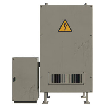 Industrial grey metal electrical transformer box with voltage warning sign on white background