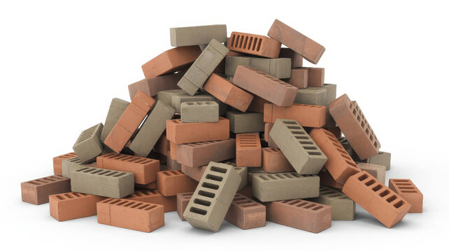 Large pile of red and grey perforated clay bricks stacked together on a plain white background