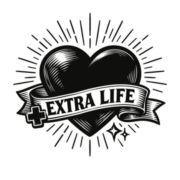 Black heart with extra life banner and medical cross on white background