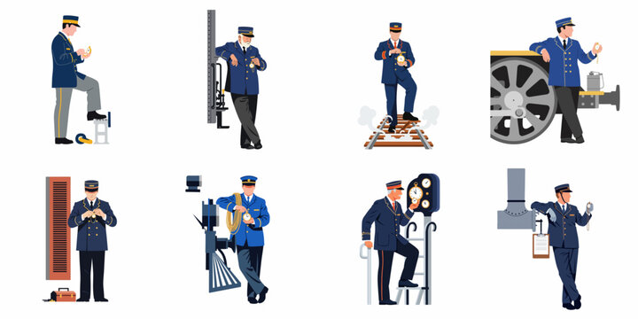 Set of flat illustrations featuring vintage train conductors in blue uniforms checking pocket watches for punctuality and train schedules.