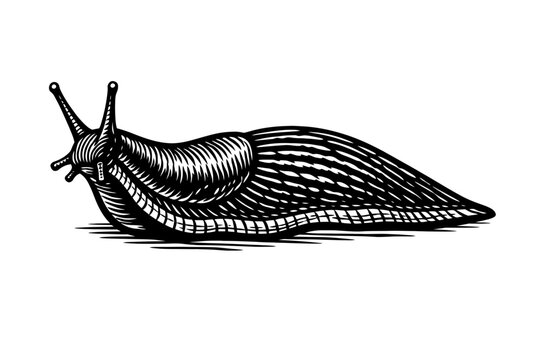 A black and white illustration of a snail with a detailed shell and slimy trail on a plain background