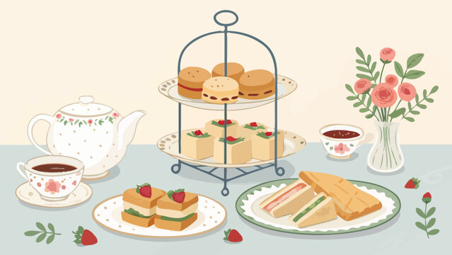 Elegant afternoon tea party illustration featuring a floral teapot, teacups, a twotier cake stand with pastries, finger sandwiches, and pink roses