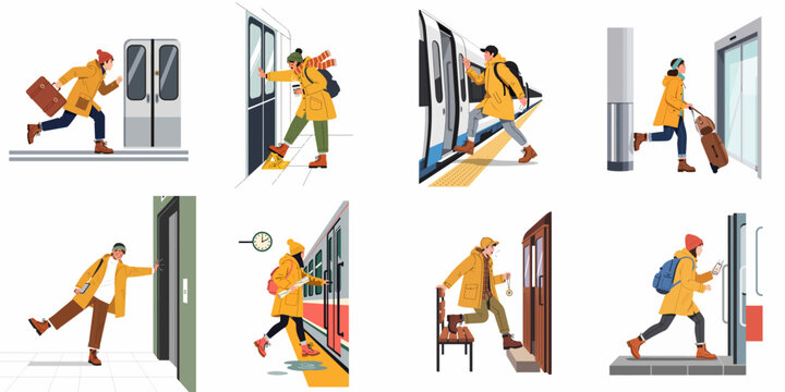 Flat vector illustration set of people in yellow coats rushing and running to catch trains, subways, and elevators, conveying a sense of being late.