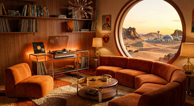 Retro-futuristic living room with velvet furniture and circular window view