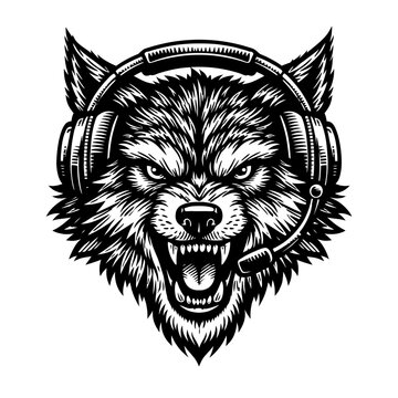 Furious wolf wearing a gaming headset with a microphone on a white background