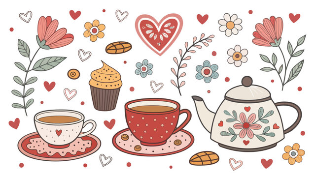 Hand drawn tea time collection with teapot, cups, cupcake, flowers and hearts romantic spring doodle set for greeting cards and scrapbooking