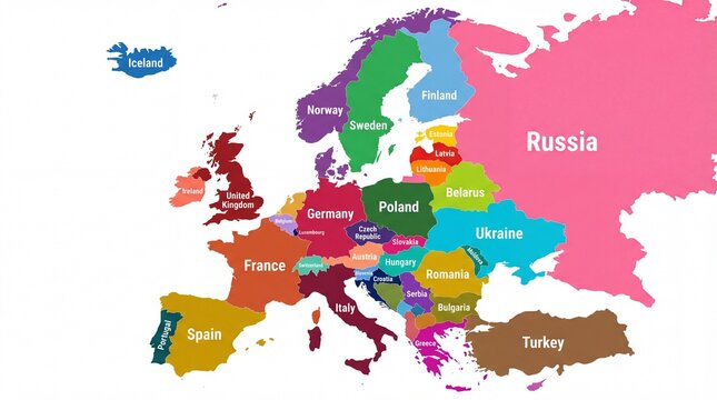 Bright Detailed Europe Political Map with Country Names and Borders