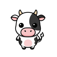 Fototapeta premium Adorable black and white cartoon baby cow illustration, a charming and clean vector graphic with big expressive eyes, perfect for children's designs and farm animal themes