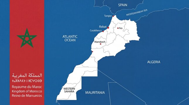 Flat Design Detail Map of Morocco with Flag and Borders
