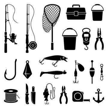 black and white vector silhouette set of fishing tools