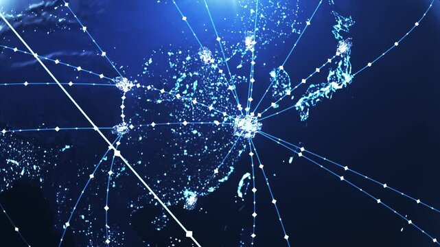 High-tech earth link, tech particle line earth, glowing blue earth encircled by luminous digital networks and data lines, representing global connectivity, the internet, and a hyper-connected world.