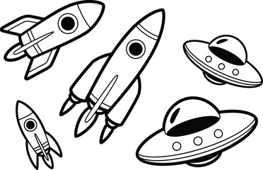 Space rocket icons illustration set, generic vintage spaceships and flying saucer elements for sci fi design and space exploration concepts. © Nicholas