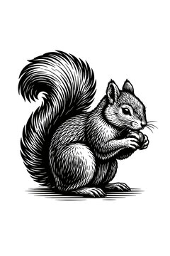 Detailed black and white illustration of a squirrel eating a nut on the ground with a bushy tail