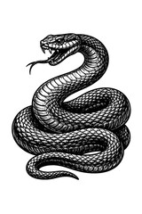 Obraz premium A black and white illustration of a coiled snake with its mouth open, showing sharp fangs, on a plain white background.