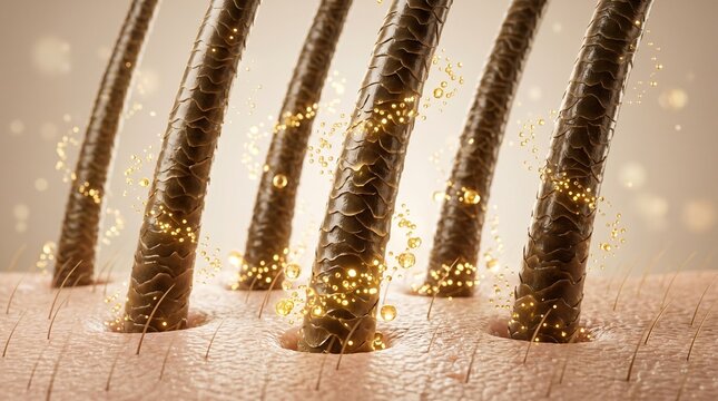 Microscopic illustration of human hair strands growing from scalp with glowing golden particles representing treatment and strength follicles treatment particles strength