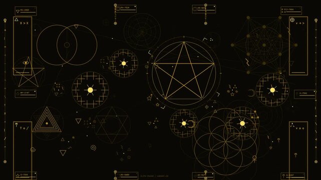 Futuristic alchemical HUD interface with gold sacred geometry mystical symbols and technical readouts