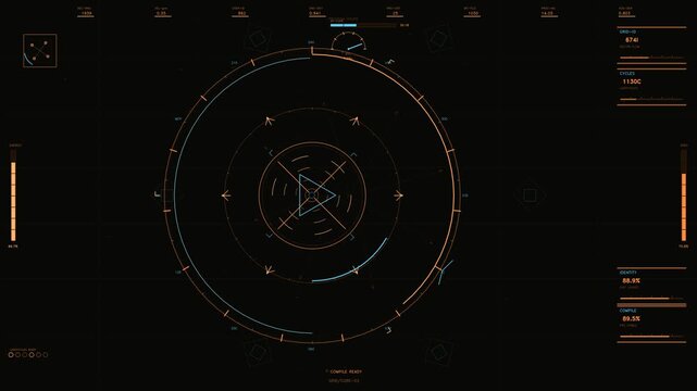 Futuristic HUD Interface with Rotating Circular Gauges and Tactical Data Readouts in Orange and Blue