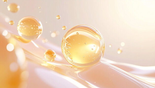ビタミンCをイメージした黄金の美容液カプセルと輝く液体の抽象3D背景 Vitamin C inspired golden serum capsules and glowing liquid abstract 3D background