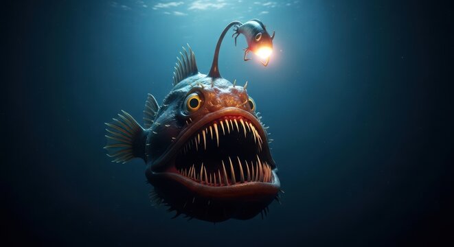 glowing deep sea anglerfish with bioluminescent lure in dark ocean abyss, eerie underwater creature concept