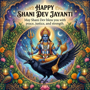 Divine shani dev seated on crow holding trident and mace amidst floral wreath celebrating hindu
