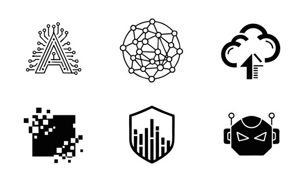Geometric shapes and icons represent technology and data security concepts.