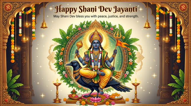 Divine shani dev seated on crow holding trident and mace amidst floral wreath celebrating hindu