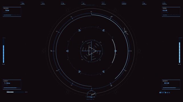 Futuristic HUD interface with circular radar and real-time data telemetry on dark background