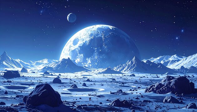 Snowy alien landscape with large moon and distant stars, icy ground and jagged mountains, painted in cool blues