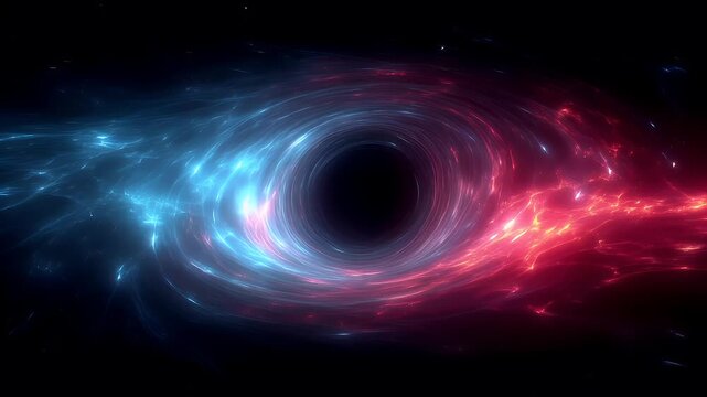 Black hole, fantasy, mysterious. A vivid digital artwork depicts a swirling vortex of light and shadow against a deep black background. The vortex is a mesmerizing blend of blue and pink hues.