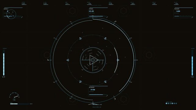 Futuristic HUD interface with circular reticle cyan telemetry and data visualization on black background