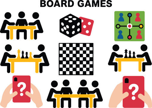 Board game icons illustration set, generic card chess and draughts activities with people at table for home fun and social design.