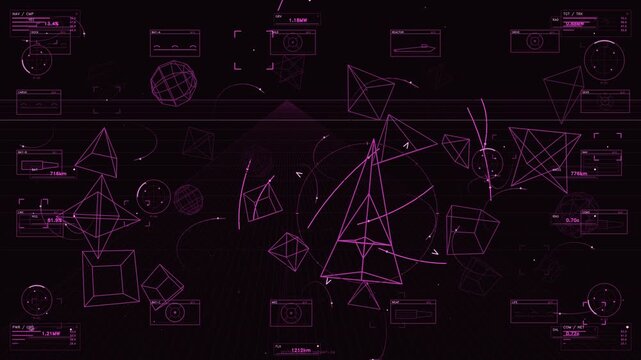 Futuristic pink neon head up display with tactical telemetry and geometric data visualization elements