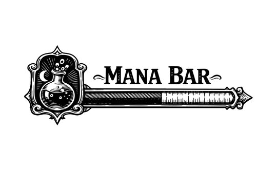 Fantasy mana bar with potion bottle and ruler on white background