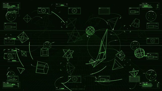 Green futuristic HUD interface displaying tactical telemetry data and 3D geometric wireframe shapes on dark background