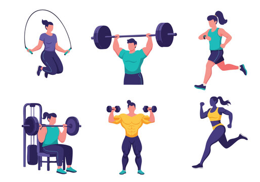 Diverse people exercising. Fitness activities illustration. Healthy lifestyle vector. Workout graphics.