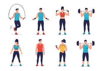 Obraz premium Fitness workout characters. People exercising. Vector illustration. Healthy lifestyle. Sport activity.