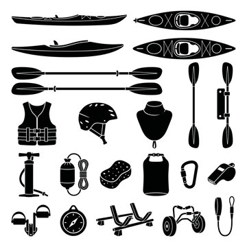 black and white vector silhouette set of kayak tools