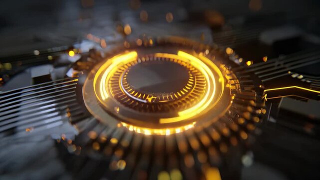 High-tech of circuit board inside a processor with illuminated lights and digital readouts