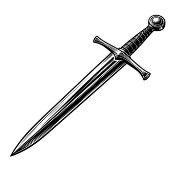 A medieval-style sword with a long blade and crossguard on a white background