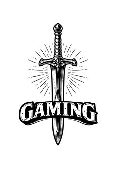 A sword with a gaming banner, symbolizing strength and power in gaming culture, with a sunburst background
