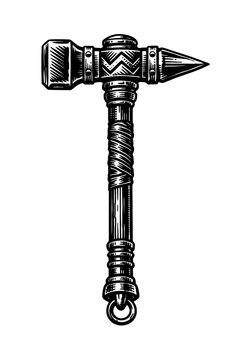 A black and white illustration of a pickaxe with a wooden handle and metal head, perfect for mining and excavation work.