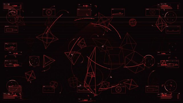 Red Sci-Fi Tactical HUD Interface with Geometric Wireframes and Technical Data Readouts