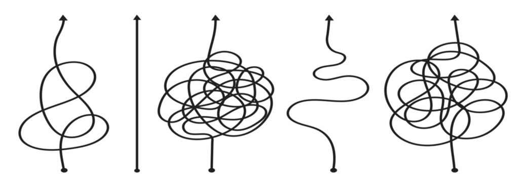 Chaos simplifying, problem solving and business solution searching challenge concept vector illustration set.