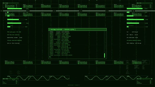 Futuristic Green Cybersecurity HUD Interface with Scrolling Data Logs and Command Prompt Terminal