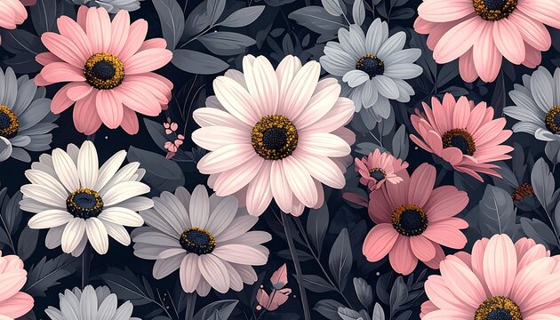 Soft floral pattern featuring pink and gray daisy-like flowers on a dark leafy background, creating a serene wallpaper